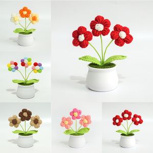 Enfeites de pote tecidos à mão lã simulação flor crochê flores mesa decoração festival presentes