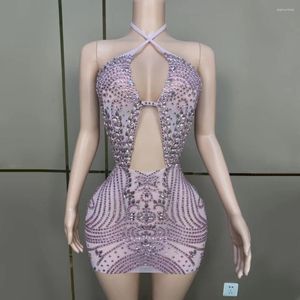 Casual Dresses Shinning Crytral Rhinestones Pink Sexy Sheath See Through Mini Dress Evening Party Performance Costume Bar Nightclub Stage