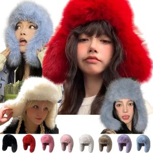 5358cm Faux Fox Fur Earflap Beanie Hats For Women Winter Outdoor Warm Luxury Plush Ski Windproof Panama Caps Unisex Bomber Hat 240103