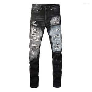 2024SS pantalones vaqueros para hombres ropa de calle para hombres pantalones vaqueros estilo Patchwork pantalones con agujeros elásticos Slim Fit High Street pantalones con diseño rasgado desgastados