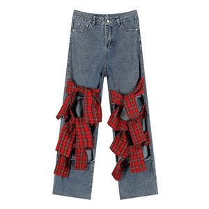 Jeans hög midja jeans kvinnor mode vintage streetwear matchande gitter båge lapptäcke rippade rakt breda ben jeans kvinnliga byxor