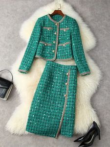 秋の冬のツイードスカートセット女性パーティースーツスパンコール格子縞のオフィスウールジャケットコートヒップラップスカート2ピース衣服240103