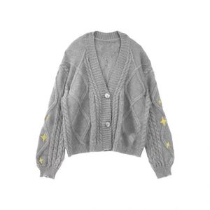 Damen Herbst und Winter Lila Pullover Strickjacke Mantel Einreihig Stern Stickerei Casual Top Einfarbig 240104