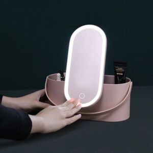 Smart Makeup Storage Box med LED Light Mirror Portable Travel Cosmetic Storage Påsar för kvinnor 240103