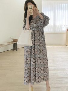 Vestidos casuais baggy longo decote em v padrão étnico vestido vintage coreano para mulheres roupas de moda 2024 chegadas
