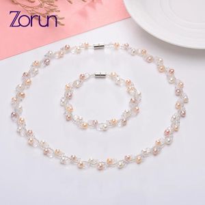 Chokers Zorun äkta naturligt sötvatten Pearl Party Fashion Jewelry sätter 45 mm med magnetisk spännhalsband och armband för kvinnor