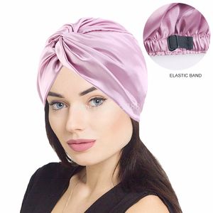 Neue Frauen Satin Schlummertrunk Elastische Twist Hut Motorhaube Schlaf Nacht Chemo Kappe Schlafen Kopftuch Turban Haar Pflege Kopfbedeckung Einstellbar