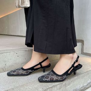 Nya Mesh Hollow Sandals Versatile Diamond Square Head French Women's Maillard Brodery Designer Shoes Point Metal High Heels Women's Sandals grunt G Heel Lykkl