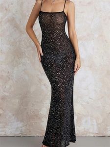 Casual Kleider Doury Sexy Frauen Ärmelloses Band Schlank Langes Kleid Sparkle Strass Low Cut Trompete Sommer Party Weibliche Vestido