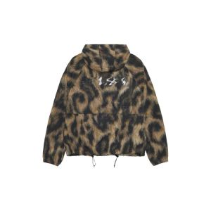 24FW BEACH SHELL FUR PRINT Leopardenpelz bedruckter Softshell-Mantel mit Kapuze und Reißverschluss, amerikanische Baseballjacke