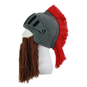 Rote Quaste Cosplay Römischer Ritter Strickhelm Männer Mütze Original Barbar Handgemacht Winter Warm Bart Hüte Lustige Mützen Party Geschenke 240103