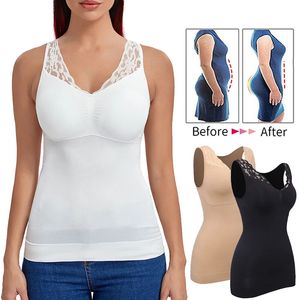 Invisible Shapewear Cami Bodysuit for Women Tummy Control Chest Lifting Body Shaper Lace Camisole Tops Slim Underwear with Pads 240103