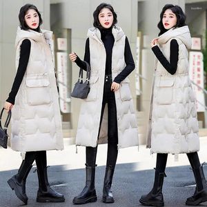 Women's Vests 2024 Women Winter Hooded Long Bright Color Vest Cotton Padded Sleeveless Coat Female Waterproof Thick Waistcoat