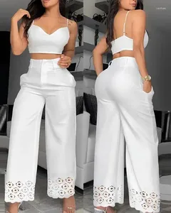 Women's Two Piece Pants Pieces Set For Women 2024 Spring Cami Spaghetti Strap Crop Top & Hollow Out High Waist Wide Leg Female Clothing
