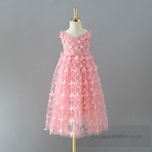 Flickor Stereo Butterfly Applique Lace Tulle Dress Kids Pink Gaze Princess Dresses Ball Gown Valentine's Day Children Party Clothes Z6504