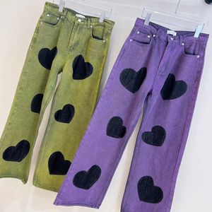 Tasarımcı Kadın Kot Moda Marka Aşk Mürekkep Jet Slemat Wash Suyu Eski Yüksek Belli Sokak Sokat Purple Düz Bacak Kot pantolonunu yapmak için