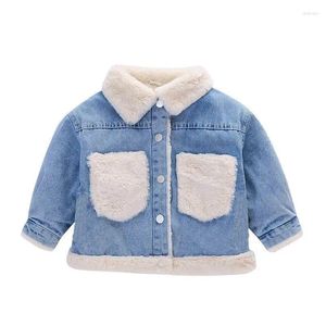 Jaquetas MODX Crianças Jean Colete Fleece Térmica Pele Falso Meninas Roupas de Inverno Criança Casual Denim Cor Sólida Bebê Menina