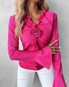 Women's T Shirts Y2K Tops Fashion Women Blouse 2024 Spring Sweet Commuting Rose Detail Ruched Frill Hem Top V-Neck Flare Sleeved Shirt