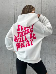 Her şey iyi olacak Yaratıcı Mektup Kapüşonlu Kadın Casting Cep Hoodie Moda Gevşek Giysiler Sıcak rahat kazak 240103