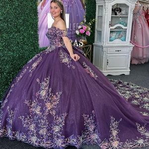 Mor parlak sevgilim quinceanera omuz topu aplikelerden elbiseler dantel çiçek kristal vestidos de 15 anos