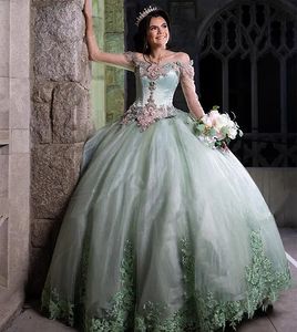 Long Sleeve Princess Illusion Quinceanera Dresses Sage Lace Appliques Beaded Ball Gown Sweet 16 Dress with Big Bow Back Lace-up Plus Size Vestido De 15 Anos -up