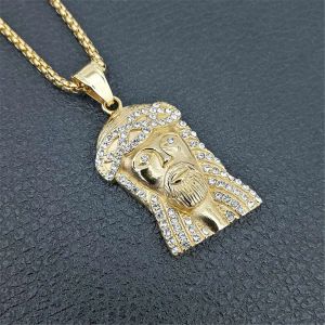 Hip Hop Iced Out Bling Jesus Head Pendant Halsband Män 14K Gul guld Golden Golden Color Jesus Piece Halsband Male Katolska smycken