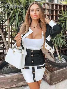 Suits Ailigou Free Shipping 2022 New Summer Chic Color Block Button Design Two Pieces Set Celebrity Party Club Bandage Suit