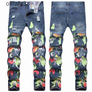 pantaloni da uomo jeans viola pantaloni stile hip-hop rilavaggio stampa digitale multicolore puro cotone piccoli uomini dritti