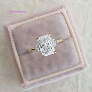 Rings 3.00CT Emerald Cut Moissanite Ring Emerald And Cadellic Cut 3 Stone Engagement Ring 18K Yellow Gold