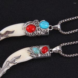 Pendant Necklaces Turquoise Wolftooth Stainless Steel Necklace Retro Red Coral Inlaid Ornaments Accesssories For Women