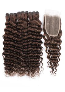 Kisshair 4 حزم الشعر Dark Brown Deep Wave مع Clousre 100 الربعة البشرية الهندية مع إغلاق 4x4 الدانتيل 9446287