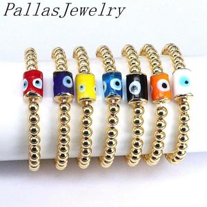 Pulseiras 8 Pcs Moda Banhado A Ouro Cobre Metal Frisado Encantos Pulseira Olho Lampwork Vidro Cilíndrico Elástico Bangle Jóias Para Mulheres Homens