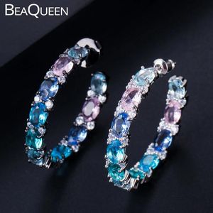 Halsband Beaqueen Ny Big Oval Round Pink Blue Green Multicolored Cubic Zirconia Rainbow Crystal Circle Hoop örhängen Kvinnor smycken E302