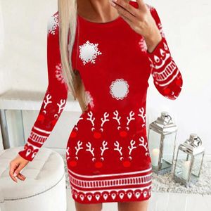 Casual Kleider Herbst Für Frauen 2024 Frauen Langarm Rundhals Weihnachten Schneeflocke Muster Drucken Party Kleid Schwarz