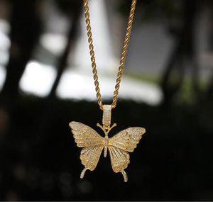 14K Guld Iced Out Butterfly Pendant Necklace Micro Pave Cubic Zirconia Colorful Diamonds Farterfly Pendant 3mm 24inch Rope Chain9420411