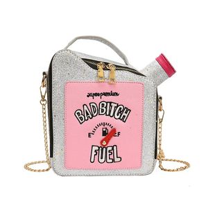 Fashion Personality Laser Sequin Embroidery Letter Oil Pot Bag Creativity Funny Chain Shoulder Bag Women Cute Messenger Bag 240103