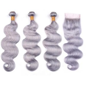 Wefts cor cinza onda do corpo pacotes de cabelo humano com fechamento prata cinza ondulado cabelo virgem indiano tecer pacotes com fechamento frontal de renda 4x4