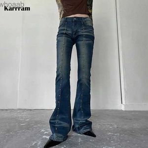 Kvinnors jeans Karrram Grunge High midja utskjutna jeans vintage Stud Line Boot Cut Jeans Women Rivet Bell Bottom denim Pants Korean Fashion Y2K YQ240104