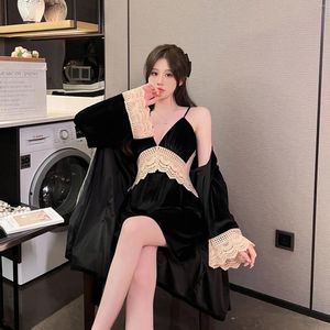 Women's Sleepwear 2024 Pajamas Autumn And Winter Style Sex Appeal Female Canary Velvet Slip Nightdress Night Gown Two-piece Suit