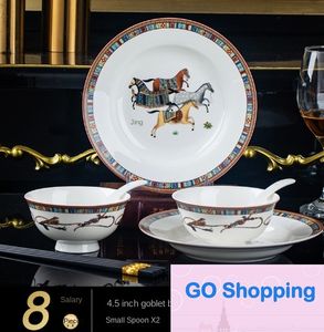 Simple Oriental Horse Tableware Bowl and Plates Set Ceramic Household Light Luxury Dishes and Bowls of Bone China Chopsticks Gift European Style Bowl