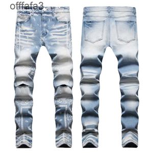 purple jeans mens pant Trendy brand AM light blue elastic slim fit small straight leg knee puncture cashew flower digital printed for men