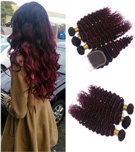 Deep Wave 1B99J Wine Red Two Tone Ombre Brasilian Human Hair Weaves With Stängning Bourgogne Ombre 3bunds med 4x4 Front Lace Close4107148