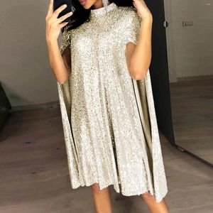 Casual Kleider Sexy Party Pailletten Glitter Kleid Mock Neck Cape Design Pailletten Mantel Ärmeln 2024 Sommer Mode Elegante Vestidos