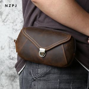 Retro läder Mäns mobiltelefonpåse Crazyhorse midjan Top Layer Cowhide Clutch Crossbody Shoulder NZPJ 240103