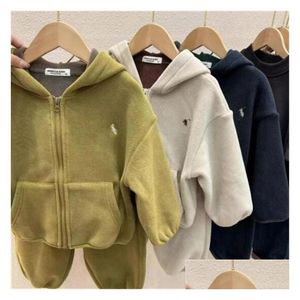 Conjuntos de roupas Designer Crianças Outono Inverno Quente Polar Fleece Hoodie Jaqueta Criança Crianças Meninos Menina Tops Casaco Calças Terno Tracksuit Dh5Lb