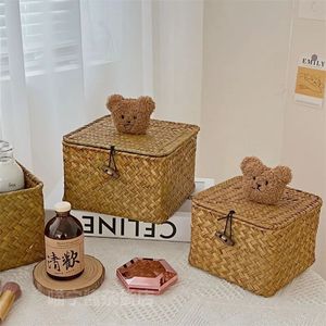 Тканые корзины для хранения с милым медведем из ротанга, плетеная корзина для белья, прямоугольная коробка с крышкой, органайзер для мелочей, домашний контейнер для хранения 240103