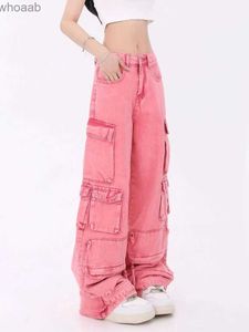 Women's Jeans Autumn 2023 New American retro high street pink multi-pocket overalls jeans female Y2K punk hip hop Gothic loose fashion jeans YQ240104