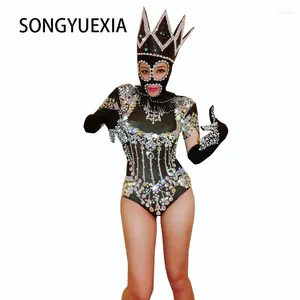 Palco desgaste oco bling cristais bodysuit diamantes brilhante headpiece outfit sexy desempenho feminino traje cantor aniversário