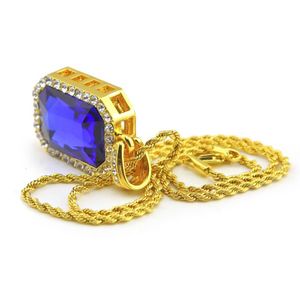 Iced out mini quadrado cristal bling strass declaração pingente colar 24 polegada corrente vermelho azul gem gota jóias2868