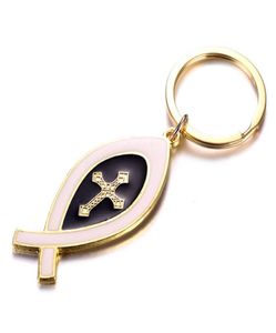 Jesus Fish Key Chain Christ Enamel Fish Shape Cross Brelkain Ladies Men039s Kościół chrześcijański Kluczowe łańcuchy świąteczne prezenty7944945